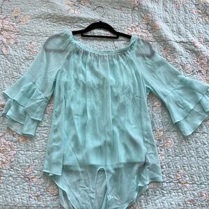 Chic Aqua Ruffle Sleeve Blouse